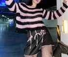 Женский свободный свитер в стиле панк, готический Полосатый пуловер в стиле пэчворк с длинными рукавами, повседневный вязаный джемпер оверсайз в стиле ретро, в стиле хип-хоп