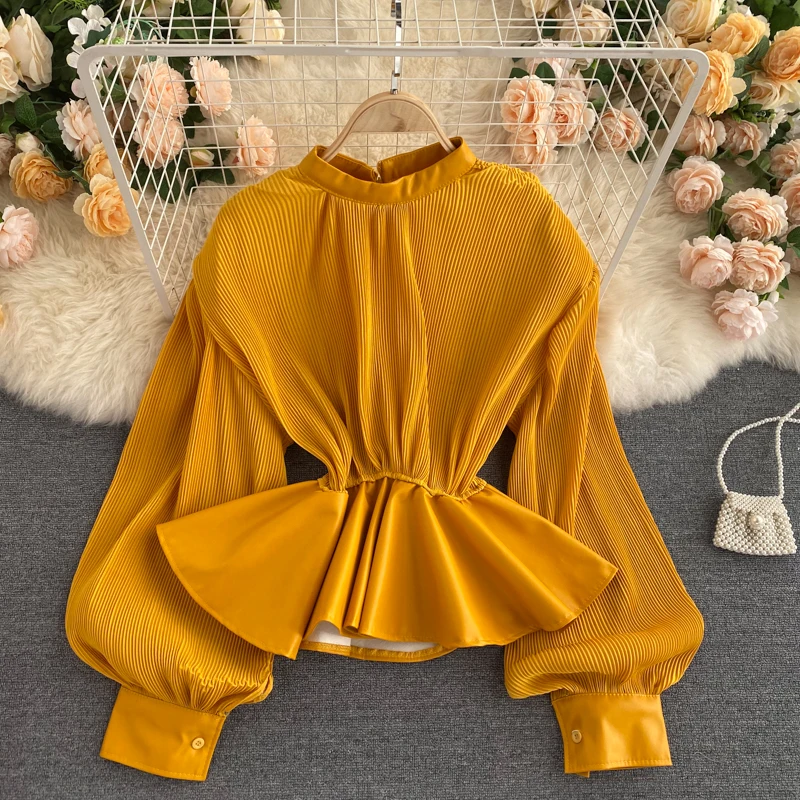 

Chic Pleated Design Personality Patchwork Chiffon and Leather Ruffled Shirt Top Elastic Waist Blouse Top