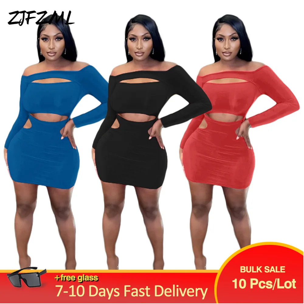 

Bulk Items Wholesale Lots Midnight Women's Bandage Irregular Short Dresses Sexy Off The Shoulder Full Sleeve Package Hip Dress