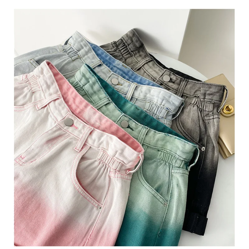 

Korean style women's 2021 summer new high waist denim shorts female gradient fashion cuffed wide leg pants loose casual shorts