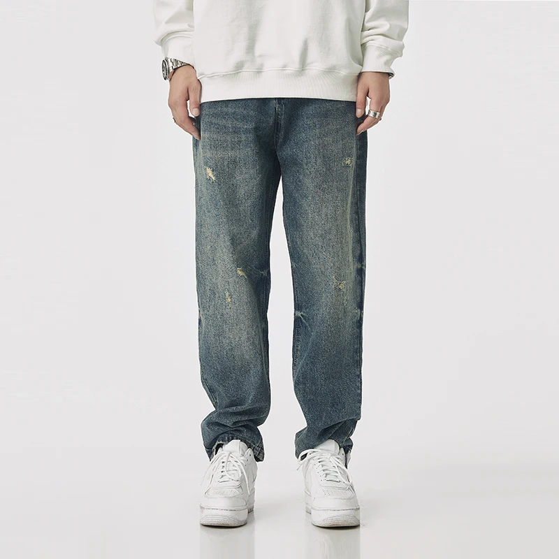 

Street Style Vogue Men Jeans Vintage Designer Loose Fit Wide Leg Ripped Jeans Men Retro Frayed Hole Hip Hop Denim Baggy Pants