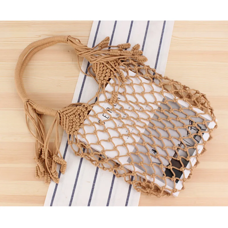 

Ins Tassel Shoulder Woven Trendy Female Mori Style Straw Degrees Handmade Cotton String Net Pocket Beach Bag