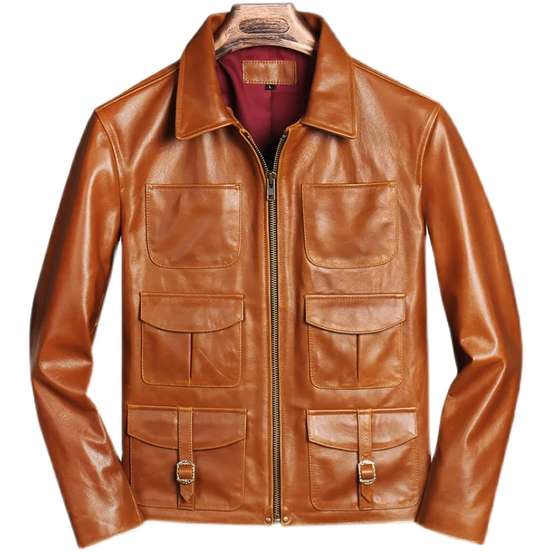 

2021 Light Brown Casual Style Genuine Leather Jacket Men Six Pockets Plus Size 4XL Real Natural Cowhide Autumn Slim Fit Coat