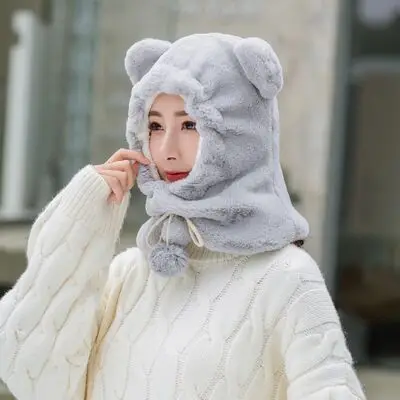 PLOERMIN новые милые Мультяшные уши Skullies Beanies кроличий мех вязаные шапки зимние толстые теплые мягкие Твердые крышки Зимние женские шапки - Цвет: gray