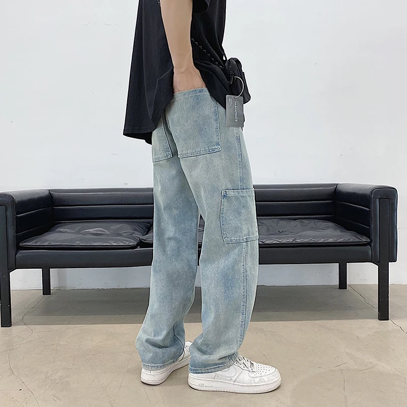

Loose jeans men Straight leg Cargo many pockets Blue Black color Big size xxxl 4xl 5xl Casual denim pants 2021