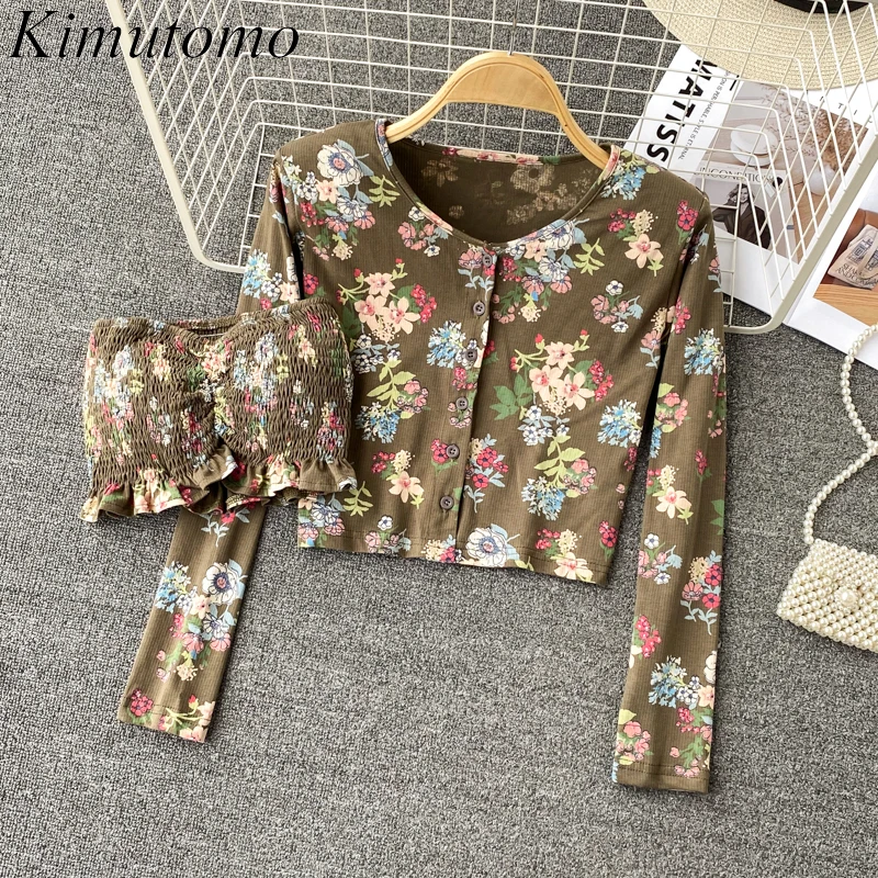 

Винтажные Цветочные костюмы Kimutomo, Женский однобортный короткий кардиган с круглым вырезом и длинным рукавом, тонкий элегантный плиссирова...