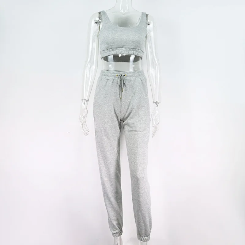 

jogging femme deux Gray workout set tank top+sweatpants solid matching sets wholesale clothing women set bulk