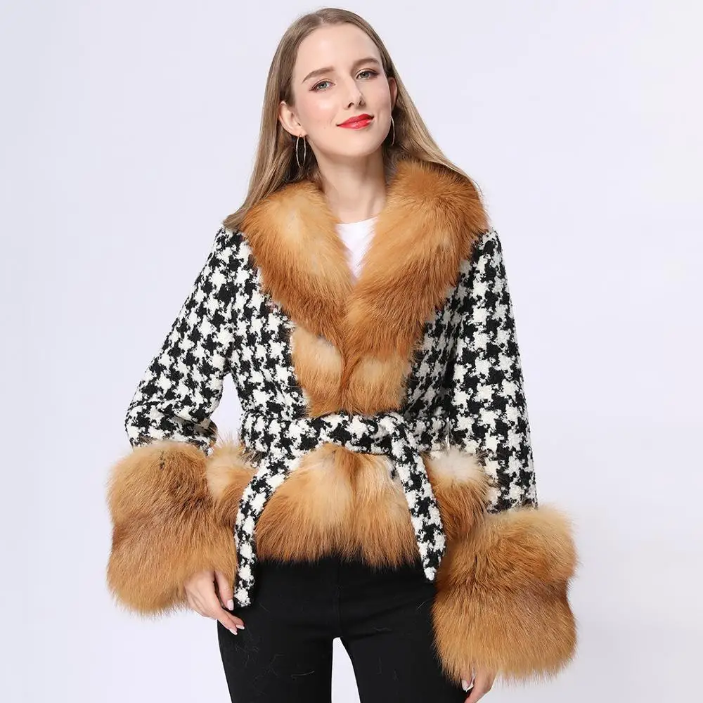 

Janefur New Fox Fur Wool Coat Winter Fashion Elegant Lady Plaid Slim Short Tweed Cashmere Blends Outerwear Female