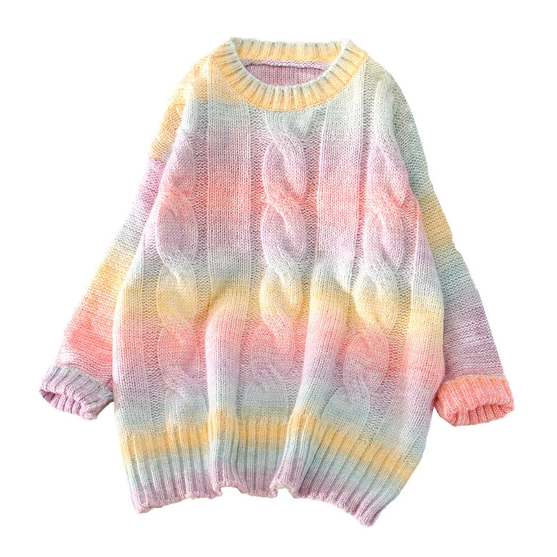 

SuperAen Rainbow Striped O Neck Full Sweater Women Spring Thick Loose 2021 New Knitwear