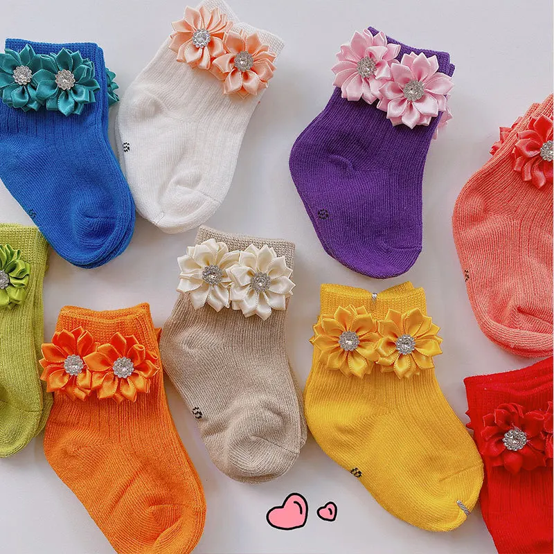 Calcetines con flores para beb&eacute;, oto&ntilde;o e invierno, doble aguja, tira Vertical, de algod&oacute;n, para reci&eacute;n nacidos-0