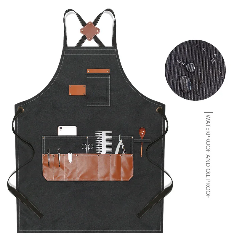 

New Baker Barista Restaurant Canvas Work Blouse Strap Denim Apron Korean Flower Art Hairdresser Multi-Pocket Tools Bib Washable