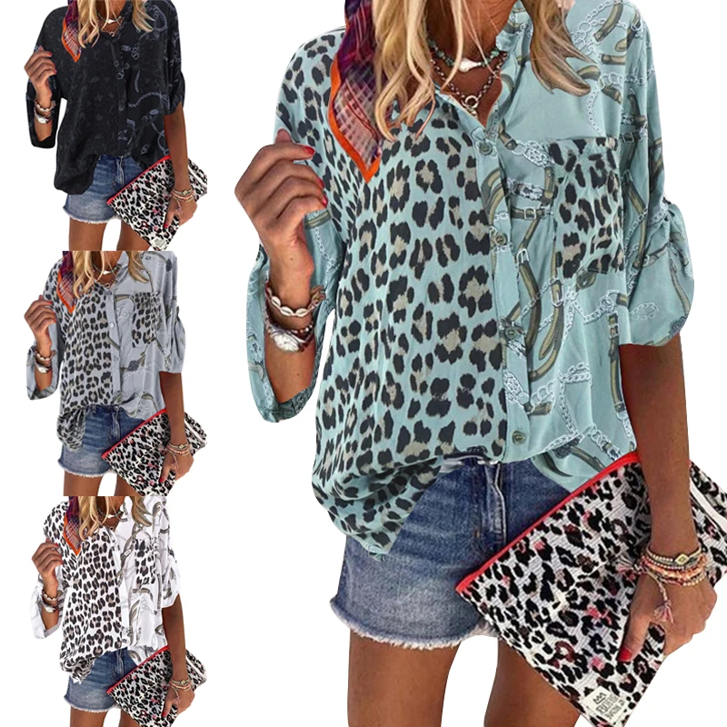 

Women Blouse 2021 Sping Tops Turn-down Collar Long Sleeve Leopard Shirt Loose Plus Size Clothing For Women Ladies Blouses