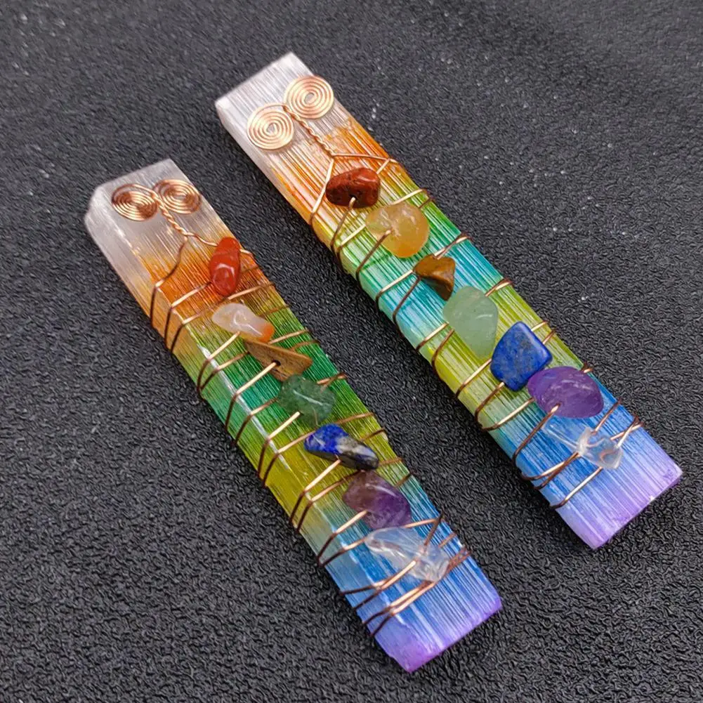 

1pcs Irregular 7 Chakra Crystal Selenite Stick Wand Wire Wrapped Ornamnet Pendulum Yoga Meditation Spiritual Reiki Healing Stone