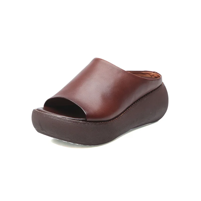

Retro Handmade Women's Sandals Thick Round Head Women's Slippers Casual Beach Shoes for Women Increased Sandalias Mujer