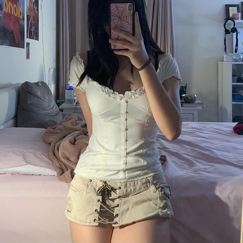 

WeiYao Patchwork Y2K Solid White Harajuku T Shirt Women Short Sleeve Lace Casual Vintage Tee Shirt Basic 90S Retro Street 2021
