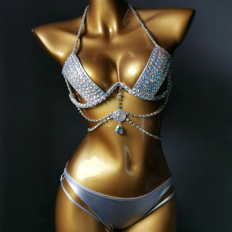 NEW Bikini Set Women Bling Diamante Carnival Bra Crop Top Crystal Panties Rave Festival Bikini Set Burning Man Outfit Club Wear