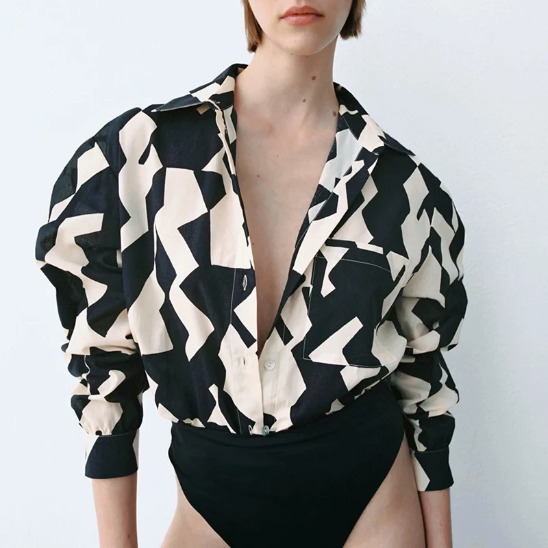 

Женская Свободная блузка с принтом KUMSVAG, винтажная рубашка с длинным рукавом и карманами, топ на лето, 2021