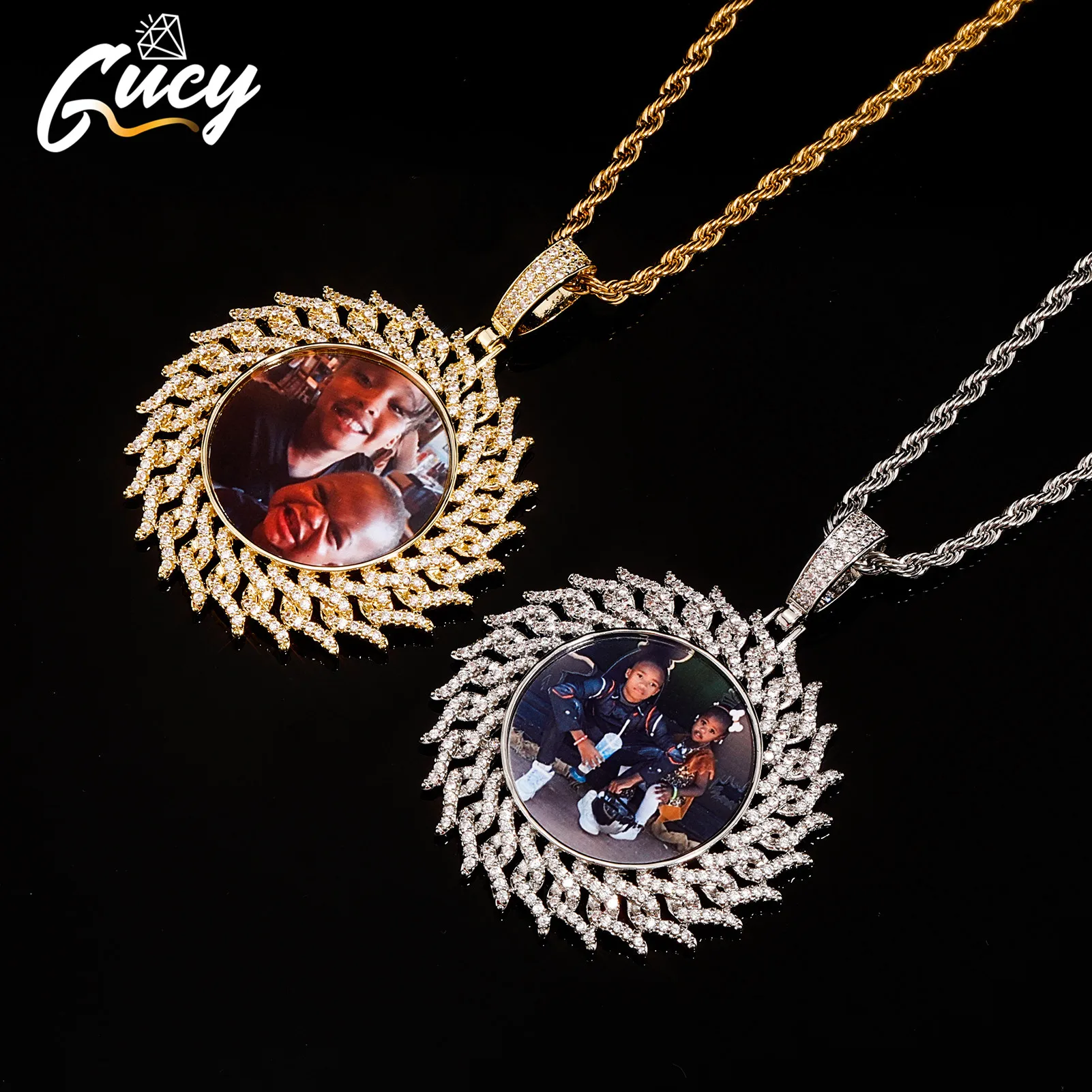 

GUCY Custom Photo Necklace for Men Picture Pendant Round Charms Solid Back Micro Pave Cubic Zirconal Hip Hop Jewelry