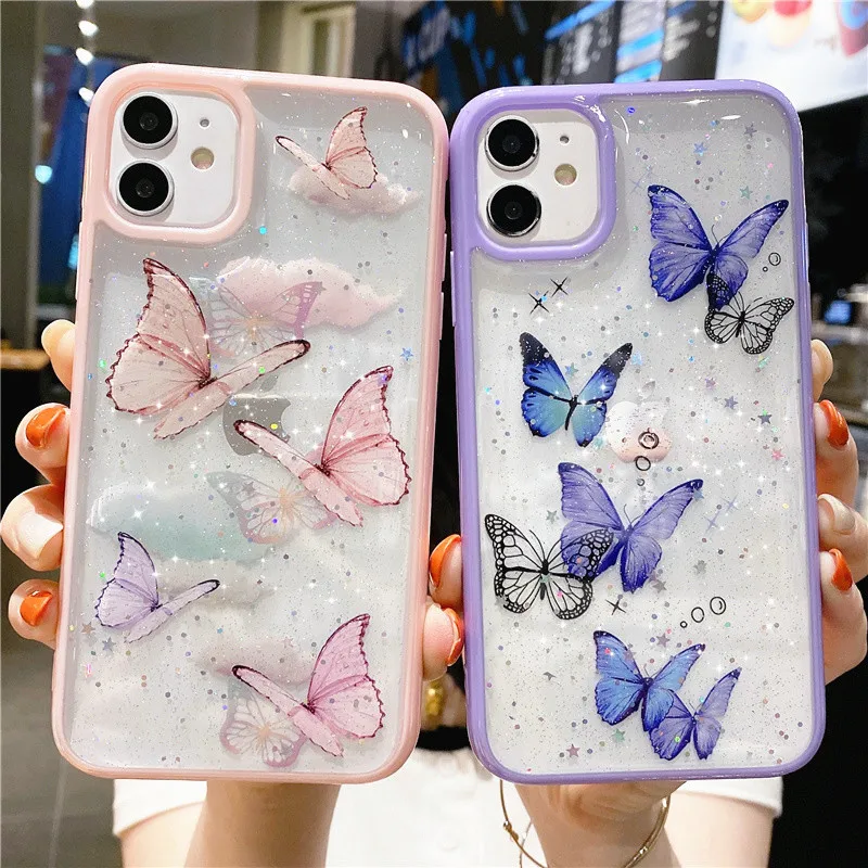 

Clear Glitter Epoxy Butterfly Shockproof Phone Case For iPhone 12 Mini 11 Pro Max XS Max XR X 6s 7 8 Plus SE Cute Shell