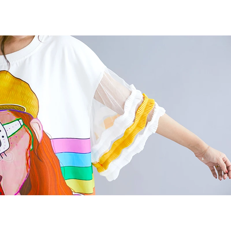 

Oladivi Summer Plus Size Women Fashion Print Shirt Dress Lady Casual Loose Ruffle Top Tee Mesh Dresses Female Long Tunic Vestido
