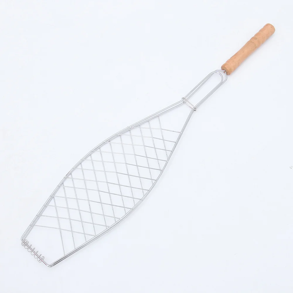 2 Pcs Metal Non-stick Mesh Clip Wooden Handle Grilled Fish Barbecue BBQ Net Outdoor Tool for Camping Picnic (Handl | Дом и сад