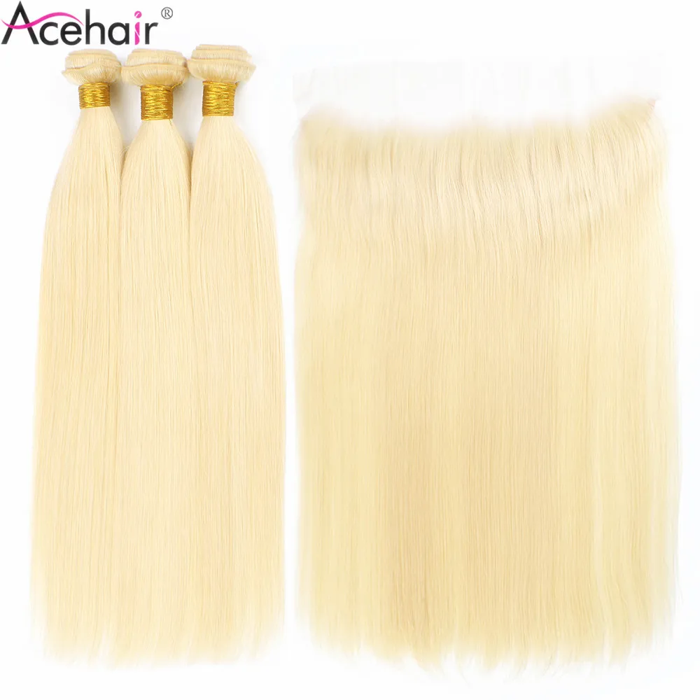 Acehair пряди с закрытием 613 медовый блонд малазийские прямые 10-30 дюймов Remy человеческие волосы плетение Кружева Фронтальная Закрытие с 3 бу
