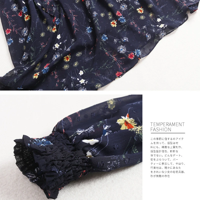 

Women's 100% Chiffon Dress A-line Long Sleeve Floral Fashion Dress High Waist Women Dress in Single-breasted