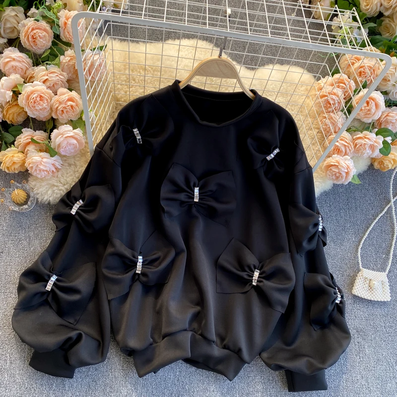 

Casual Korean Diamonds Bowknot Pullover Sweatshirt Causal Long Sleeve O-neck Hoodies Spring New Sweet Women Jumper black top