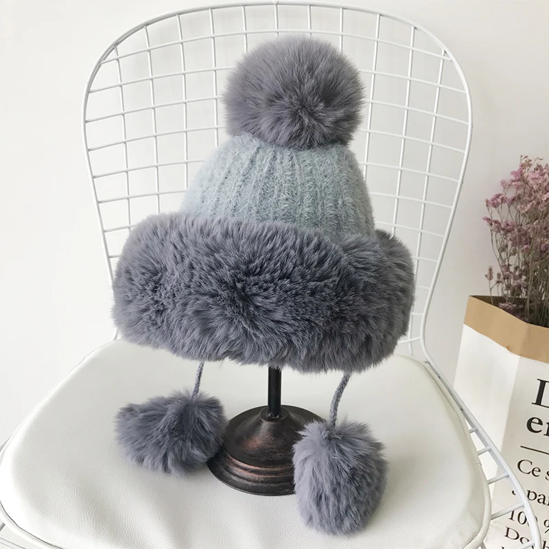 Зимние женские одноцветные вязаные шапки Faxu Fox Pom, шапки-Бомберы, Русская Шапка для девушек, теплая плотная Лыжная шапка для защиты ушей, Шапка-бини