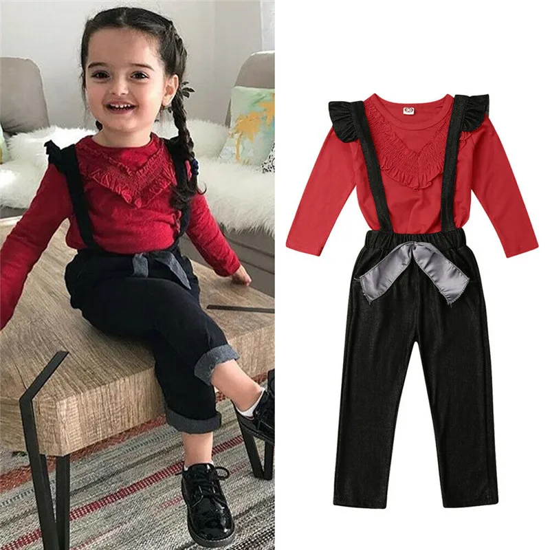 

2019 Baby Spring Autumn Clothing 2Pcs Kids Baby Girls Long Sleeve T-shirt Tops +Ruffle Suspender Pants Outfits Set Clothes 1-6Y