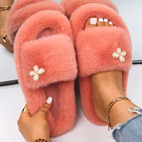 flip flops slippers ladies cute butterfly furry slides designer sandals women luxury fuzzy pearl slippers faux fur shoes 2022