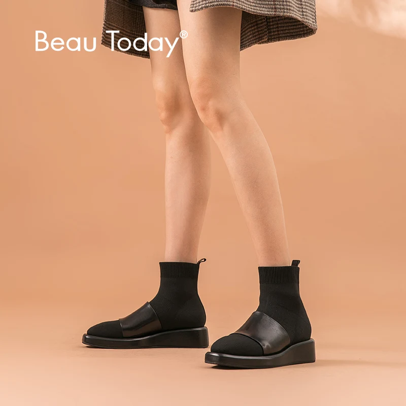 BeauToday/женские сапоги-носки из натуральной телячьей кожи с квадратным носком без застежки; сезон осень-зима; женские ботильоны ручной работы; 03605