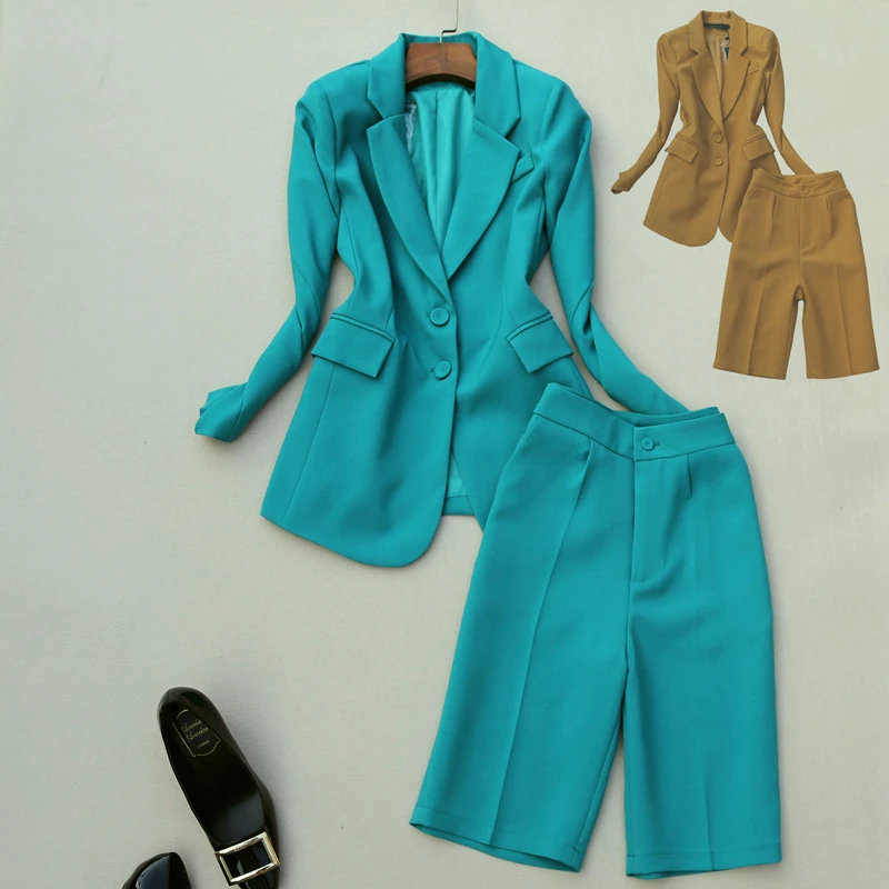 

Fashion Office Lady Clothing Set Long Sleeve Suit Blazer and Knee Length Trousers One Set