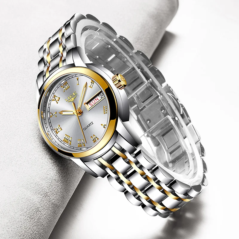 

Часы LIGE женские водонепроницаемые, роскошные брендовые наручные, с браслетом из нержавеющей стали под розовое золото