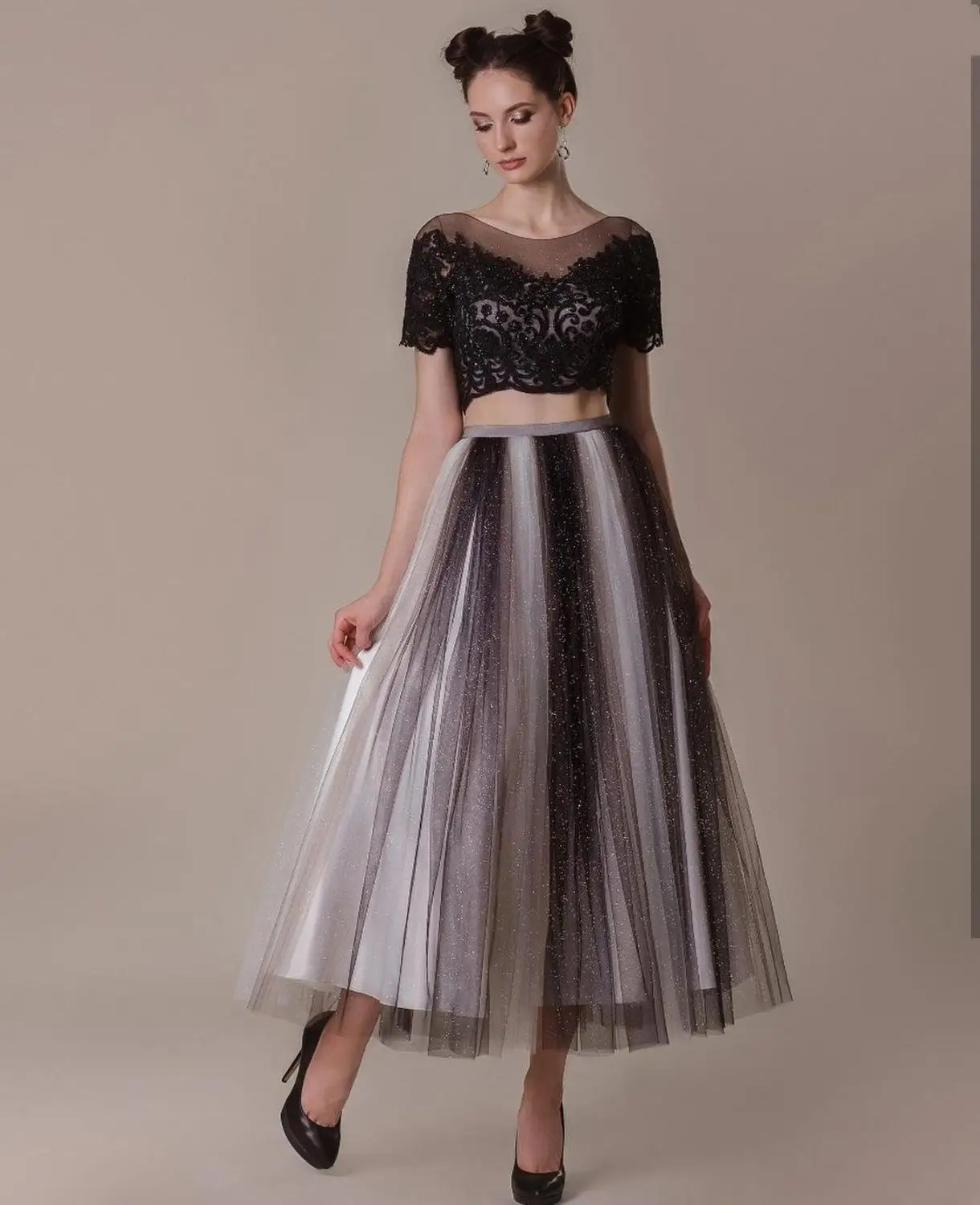 

Prom Dress 2021 Two Pieces Short Sleeve Black Shinny Lace Appliques Luxury Women Formal Evening Dress Custom Made Sexy Gowns