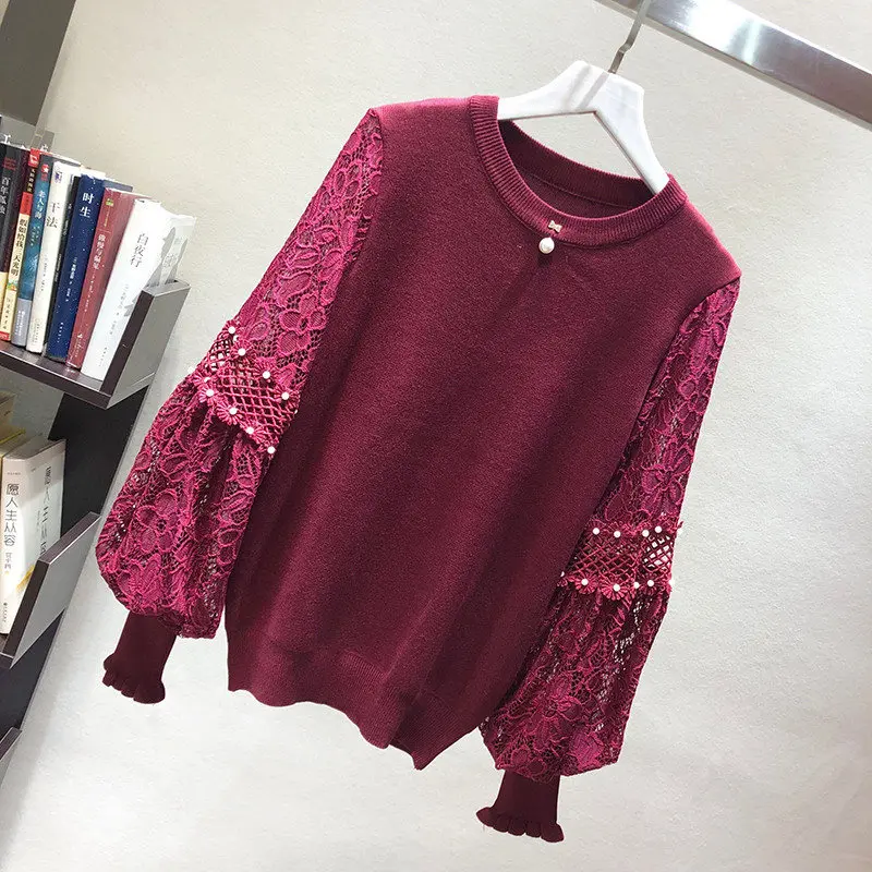 Женский осенне-зимний трикотажный пуловер с кружевом и рукавами-фонариками |