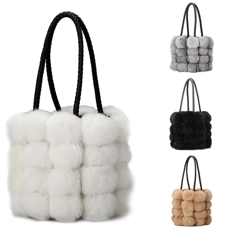 

Bucket Plush Handbags Cute Rabbit Fur Golfer Single Shoulder Bag