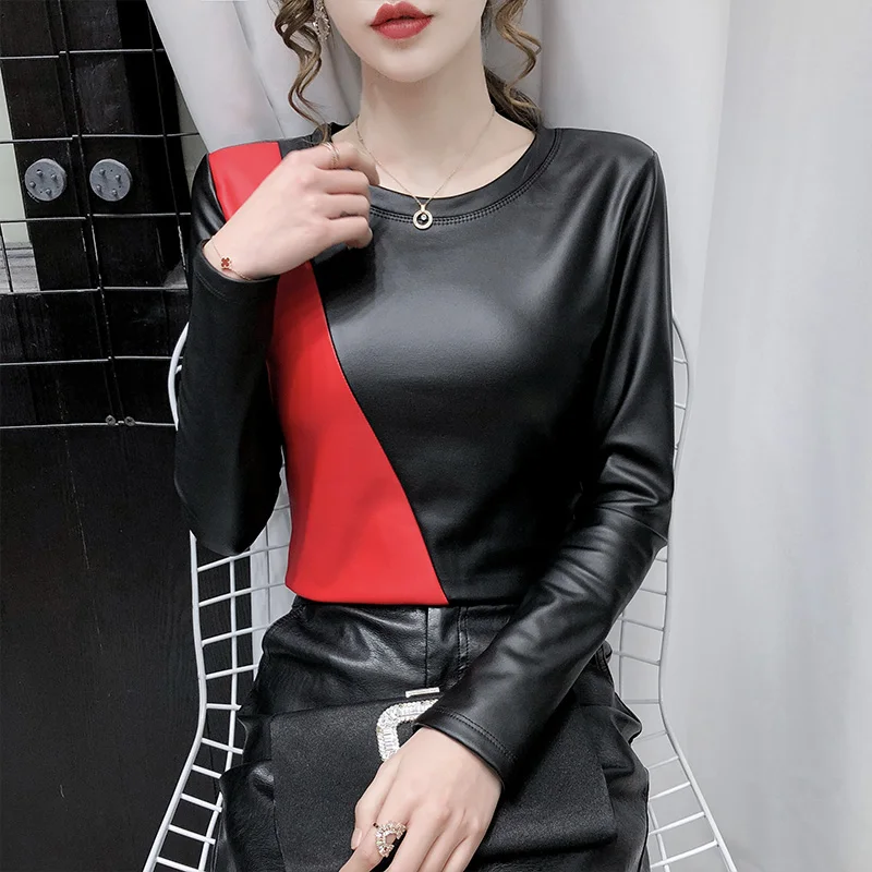 Winter Women's Blouse Leather Tops for Women Patchwork Plus Size 4XL PU Leather Shirt Women Elastic Warm Velvet Top Women Shirts