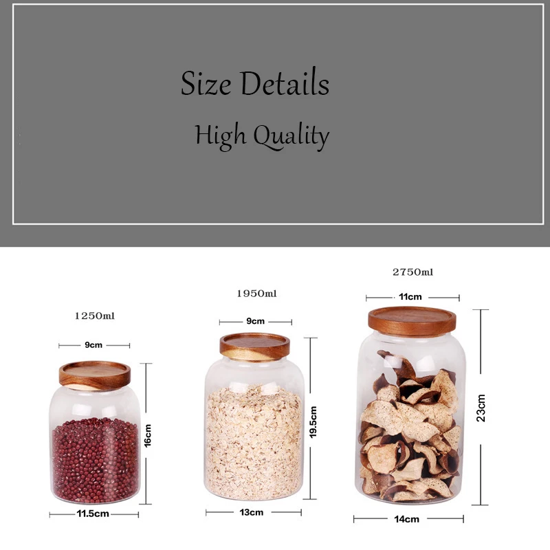 

Wood Lid Glass Transparent Kitchen Storage Bottles Jars Food Container Grains Tea Coffee Beans Grains Candy Jar Containers