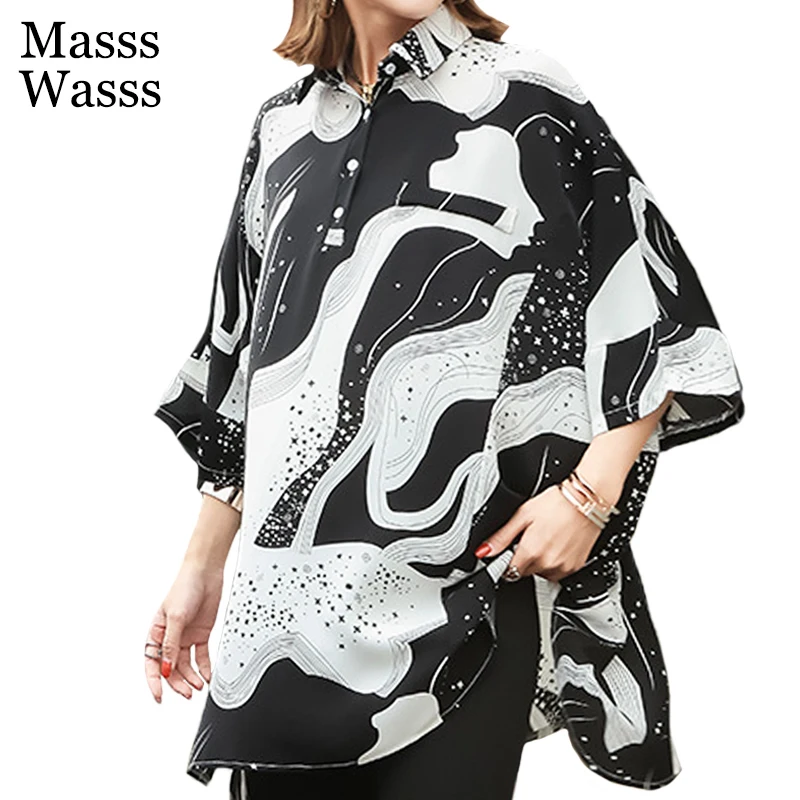 

Женская винтажная блузка Masss Wasss, Повседневная Свободная рубашка с отложным воротником и принтом в стиле панк, уличная одежда на лето 2021