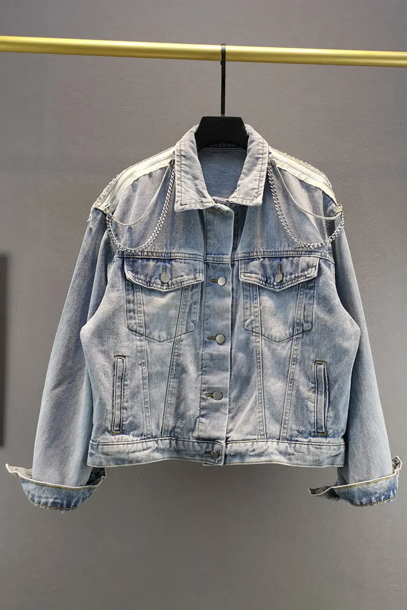 

2021 Spring Autumn Jeans Jacket Coat Women Loose Long Sleeves Cowboy Top Chain Zipper Decoration Jean Jackets Outwear Chaqueta