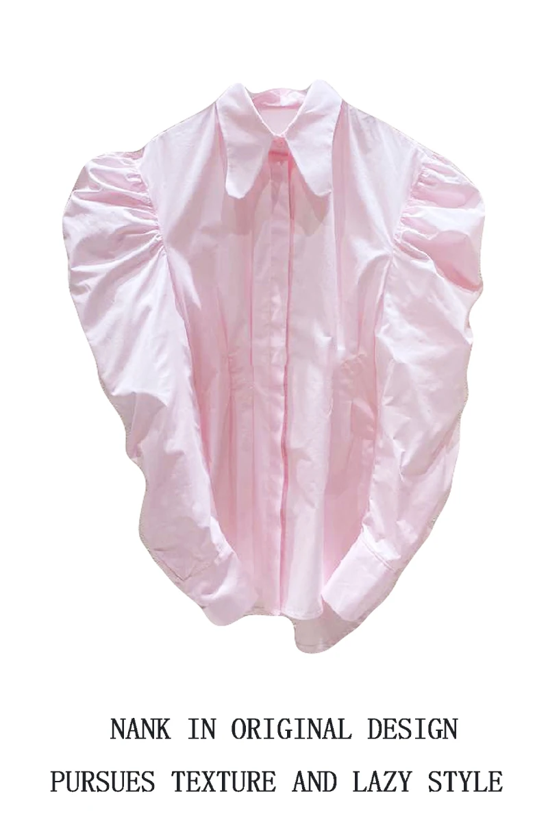 

SuperAen 2021 Spring New Waist Pleated Puff Sleeve Turn Down Collar Full Shirt Women's Fashion Slim Sweet Top