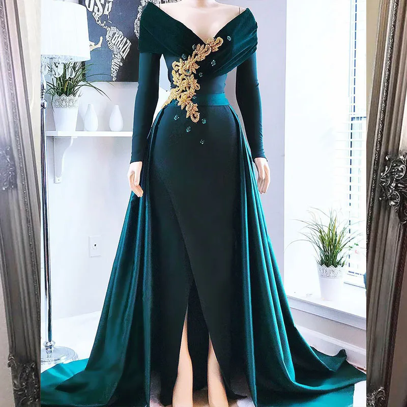 

Elegant Dubai Dark Green Satin Long Sleeve Evening Dresses Off Shoulder Velvet Slit Formal Dress Evening Gowns Vestidos