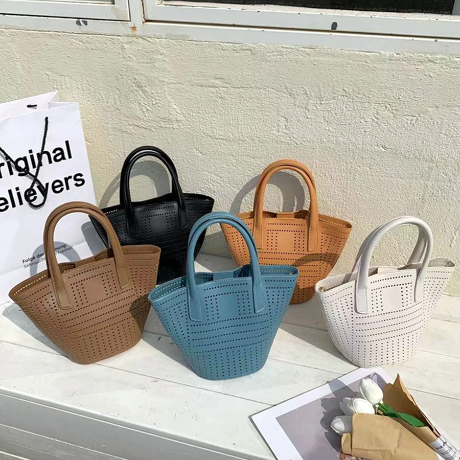 

2021 Fashion New Hollow Out Women Handbag Luxury Designer Bucket Bag PU Leather Women's Shoulder Bag Casual Small Tote Purse