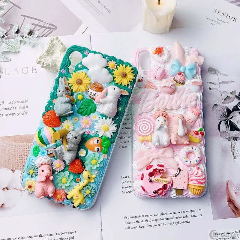 Handmade DIY case for iPhone 12 pro max 3D rabbit phone cover ip X/XS MAX XR cream shell iP11 7/8plus 6/6s cute flower girl gift