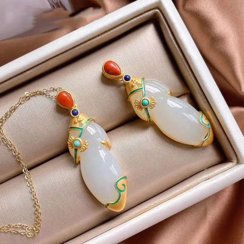 

Natural Hetian Jade Water Drop Earrings Vintage Ethnic Style Chinese Style Han Costume Classical Sterling Silver Gilding Ruyi Ea