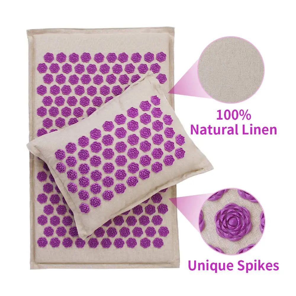 linen-Purple Массажный коврик для акупрессуры, набор подушек, коврик для йоги, для снятия стресса в спине, для шеи, для снятия боли, расслабления, Снятие напряжения с бесплатной сумкой - Цвет: linen-Purple