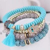 4pcs boho hand and eyes pendant charm natural beads bracelets set women lava stone wristband bracelet bangles factory price
