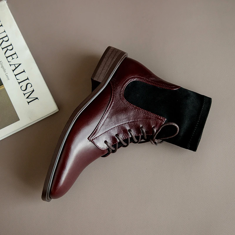 Beli Square Toe Ankle Boot Kulit Asli 3cm Tumit Rendah Ringkas Klasik Nyaman All-match Cross-tied Renda Lebih Tinggi Peregangan Wanita GDA04 MUYISEXI