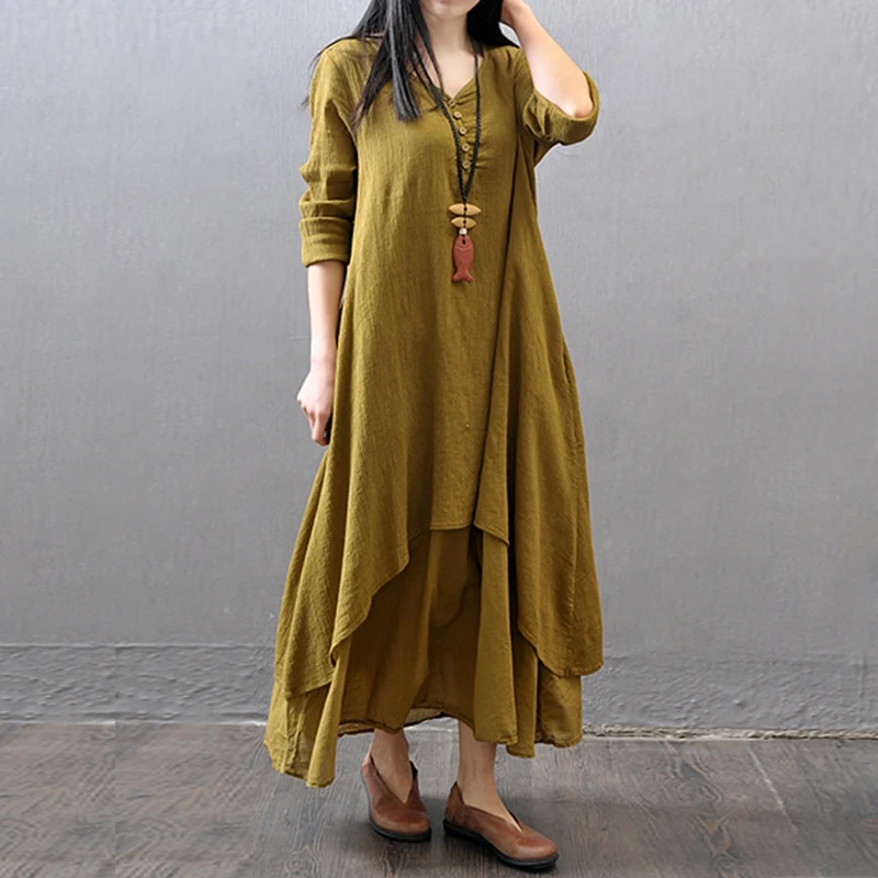 

Literary Large Swing Linen Dress Loose Long-Sleeved Cotton and Linen Skirt
